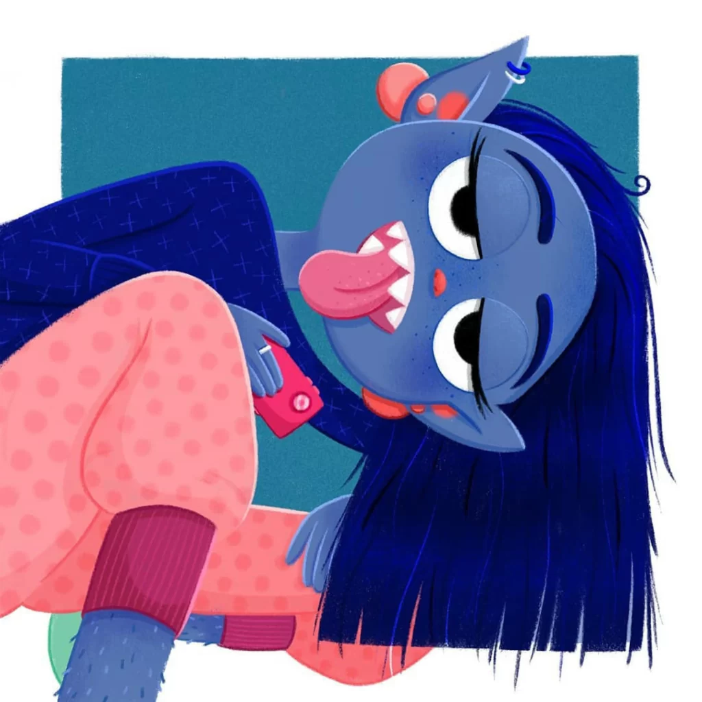 Blue Character Tongue Out Holding Phone Pink Clothing Eleonore Pelluau