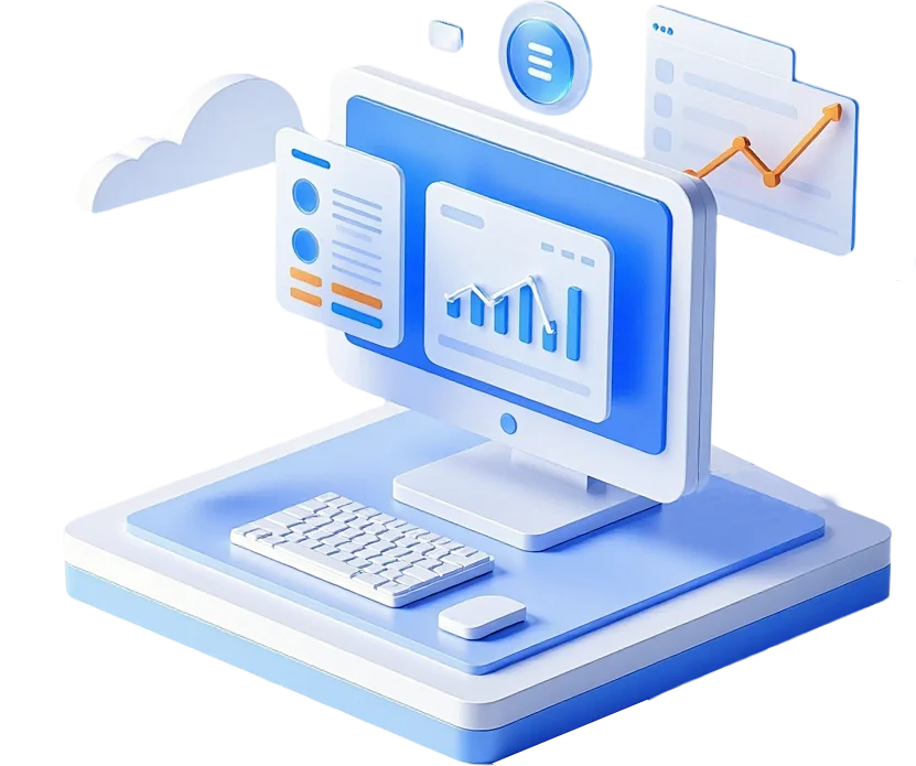 Blue Desktop Computer with Graphs and Clouds