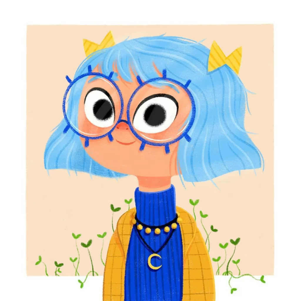 Blue Hair Glasses Yellow Bow Green Plants Eleonore Pelluau