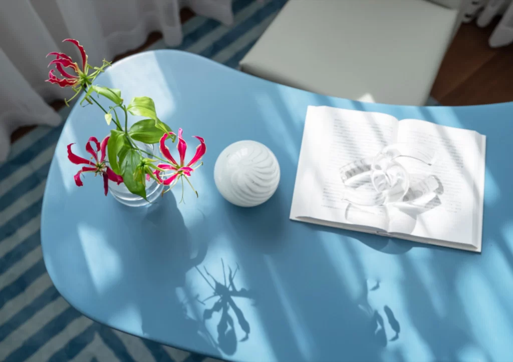Blue Table White Chair Red Flowers Open Book
