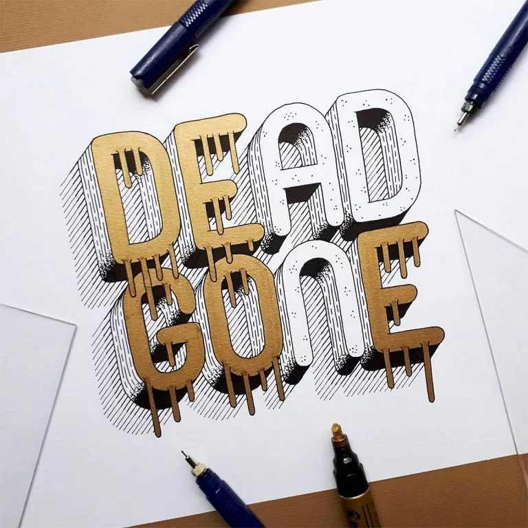 Bold 3D Rounded Edges Metallic Gold Black Outline Typography Design