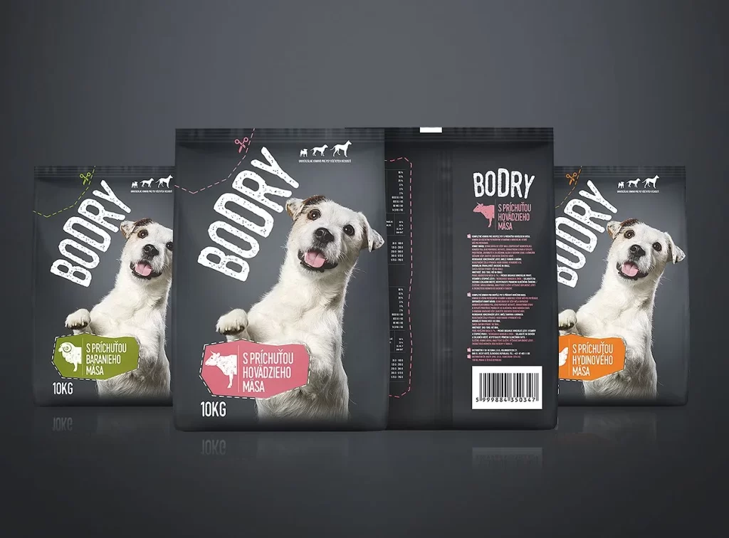 Boodry Dog Food Pork Black Packaging Dog Illustration