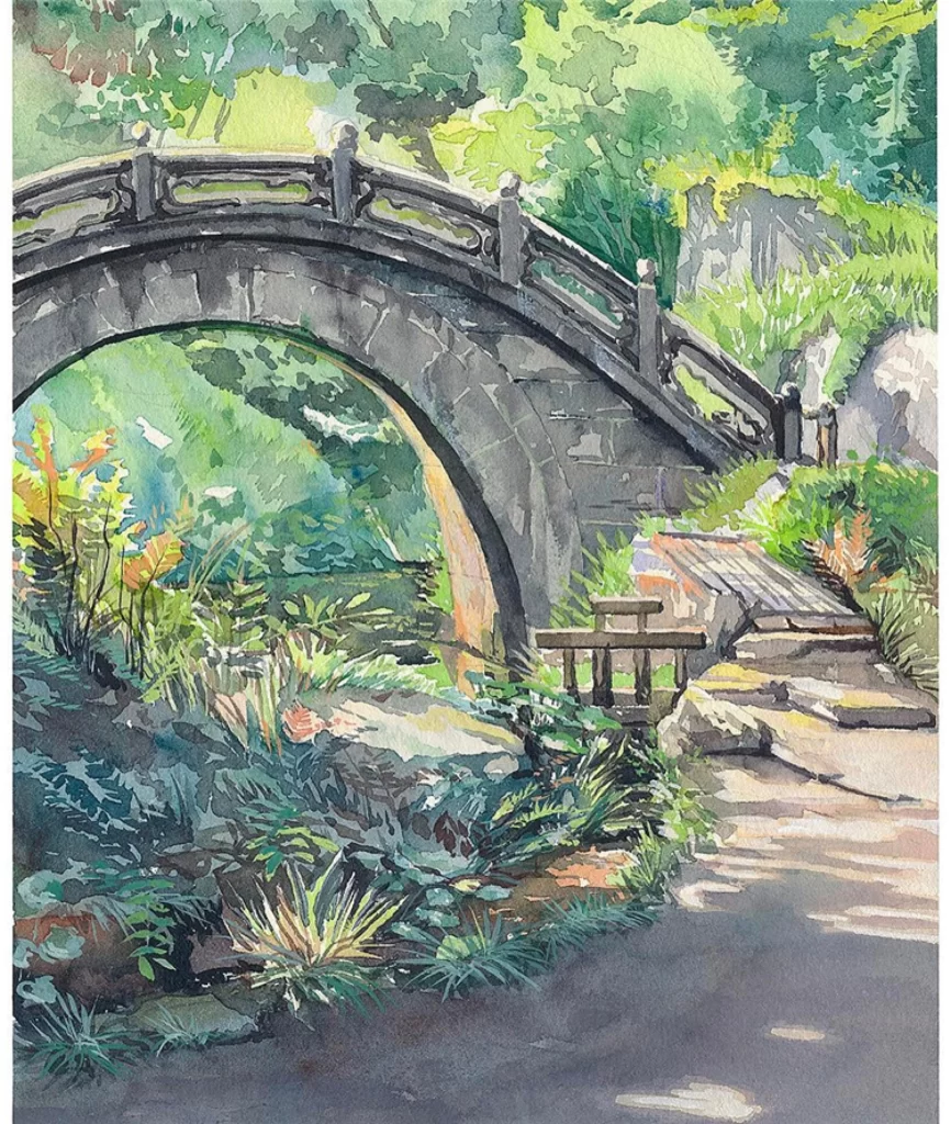 Bridge Garden Watercolor Nature Mateusz Urbanowicz