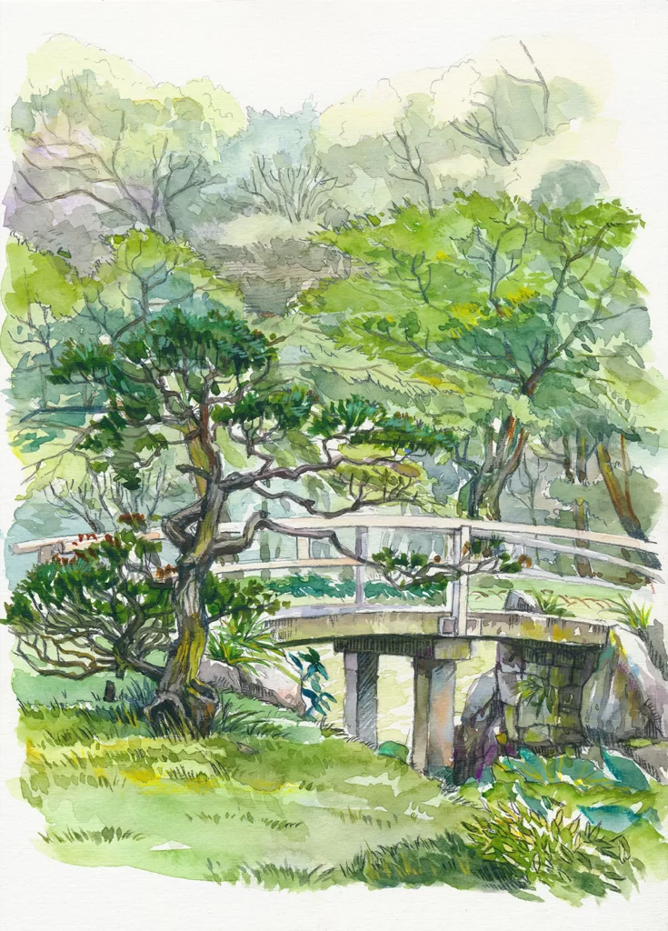 Bridge Nature Trees Watercolor Landscape Mateusz Urbanowicz