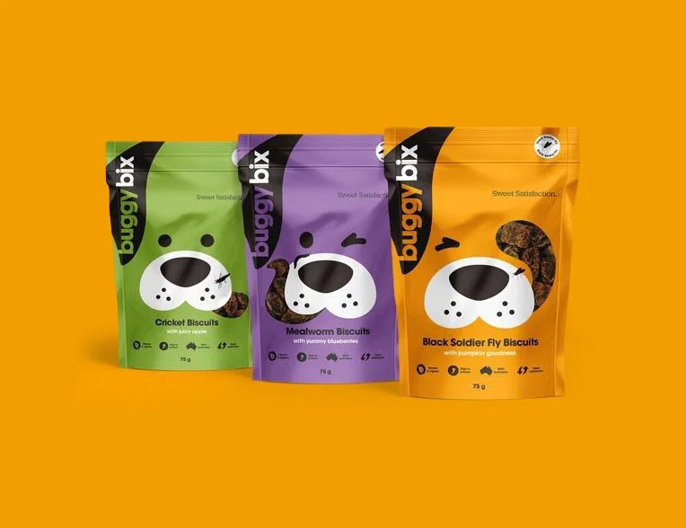 Buggy Bix Pet Treats Cricket Mealworm Black Soldier Fly Biscuits Colorful Dog Illustration