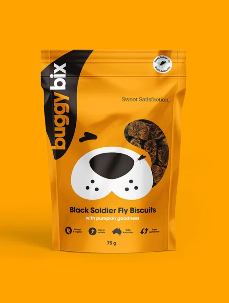 Buggy Bix Pet Treats Pumpkin Goodness Black Soldier Fly Biscuits Orange Illustration