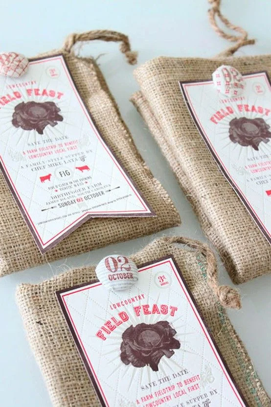 Burlap Bag Invitation Vintage Red Brown Rustic Design