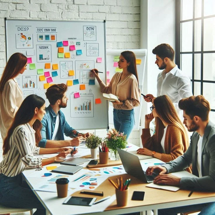 Business Meeting Whiteboard Sticky Notes Charts Laptops