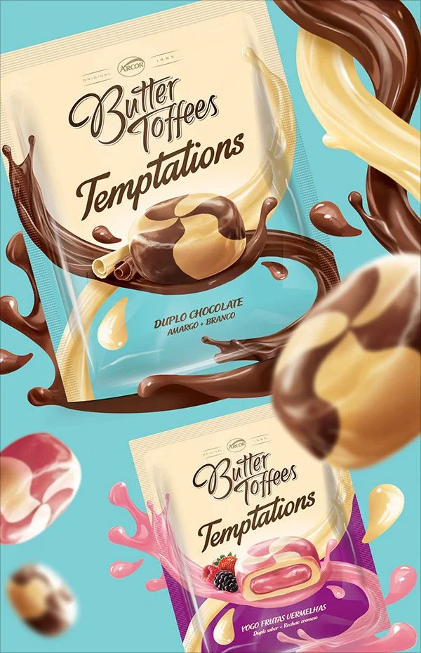 Butter Toffees Temptations Pet Treats Chocolate Brown Yellow Illustration