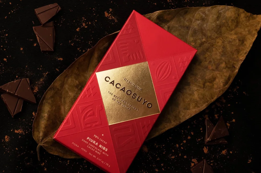 Cacao Suyo Chocolate Dark Cacao Nibs Red Gold Geometric
