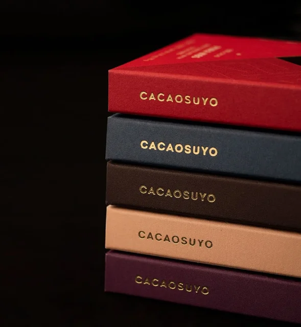 CacaoSuyo Chocolate Branding Elegant Red Blue Brown Purple