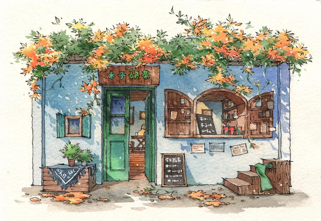 Cafe Flowers Blue Walls Green Door Chalkboard Mateusz Urbanowicz