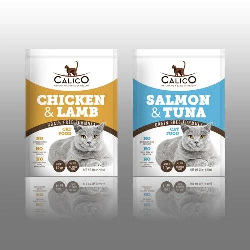Calico Cat Food Chicken Lamb Salmon Tuna Grain Free Blue Yellow Illustration