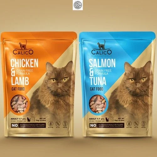 Calico Cat Food Salmon Tuna Blue Bag Illustration