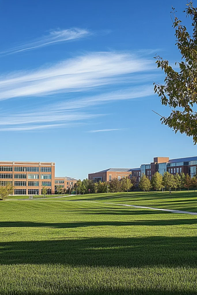 Campus Buildings Green Lawn Blue Sky