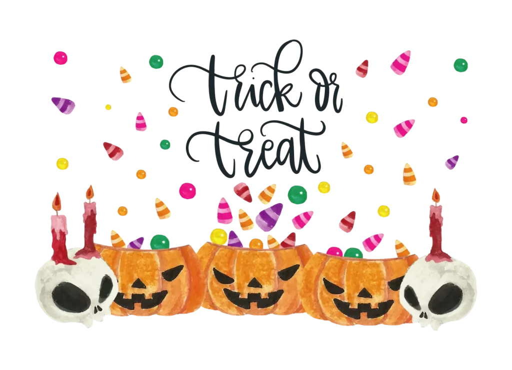 Candy Corn Multicolored Halloween Pumpkins Skulls Trick Treat