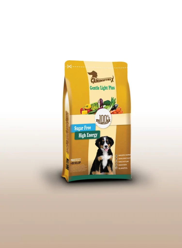 Caninutrix Dog Food Gentle Light Plus Sugar Free High Energy Yellow Green Illustration