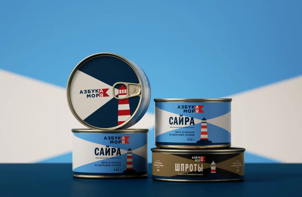 Canned Fish Lighthouse Blue White Branding