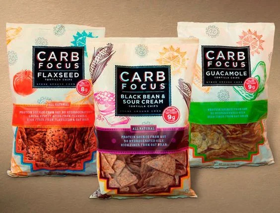 Carb Focus Tortilla Chips Black Bean Sour Cream Guacamole Flaxseed Natural Brown Green Red