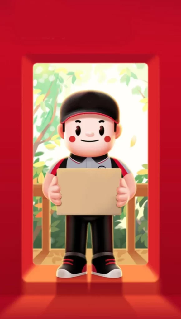 Cartoon Character Delivery Box Red Background Greenery