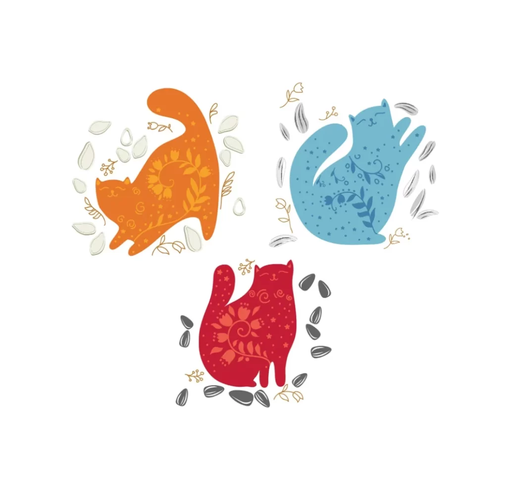 Cat food Floral design Orange Blue Red