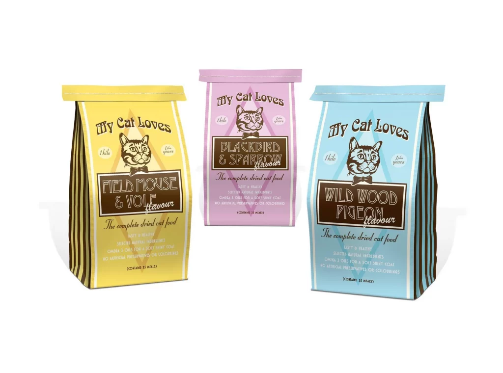 Cat Food My Cat Loves Field Mouse Vole Blackbird Sparrow Wild Wood Pigeon Vintage Yellow Pink Blue Illustration
