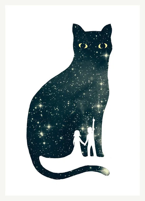 Cat Silhouette Stars Night Sky Children Holding Hands