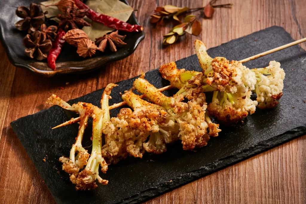 Cauliflower Skewers Spicy Seasoning Golden Brown Slate Plate