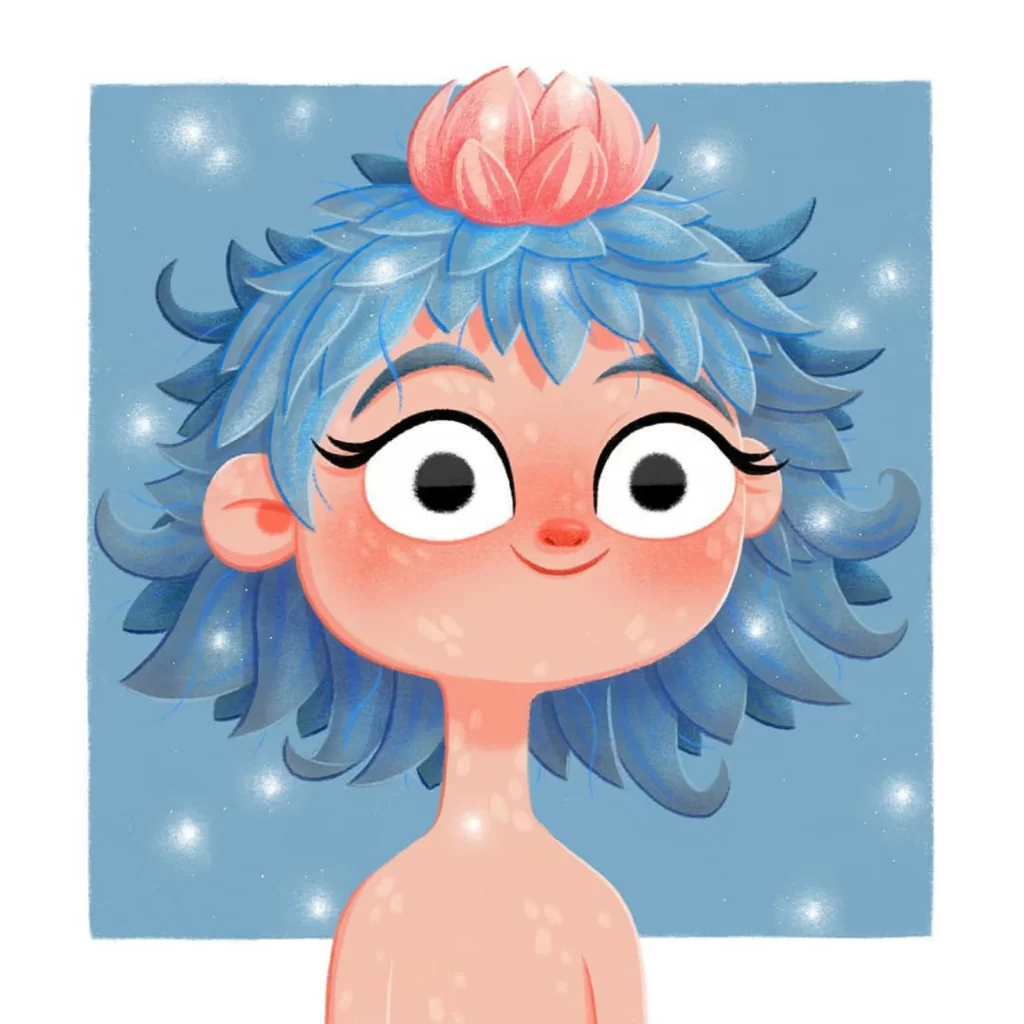 Character Blue Hair Pink Flower Sparkles Expression Eleonore Pelluau
