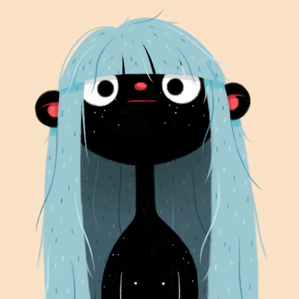 Character Illustration Blue Hair Black Body Red Nose Big Eyes Eleonore Pelluau