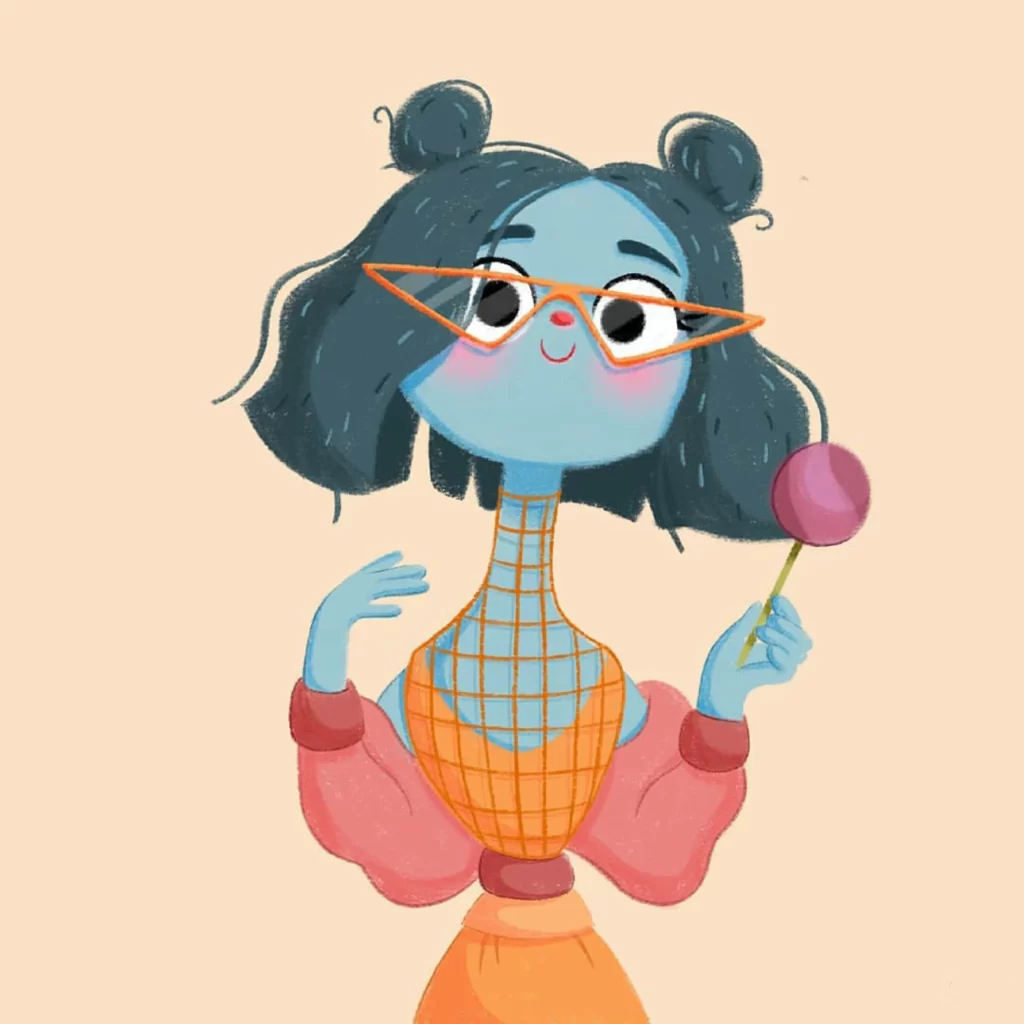 Character Illustration Blue Skin Lollipop Glasses Plaid Shirt Eleonore Pelluau
