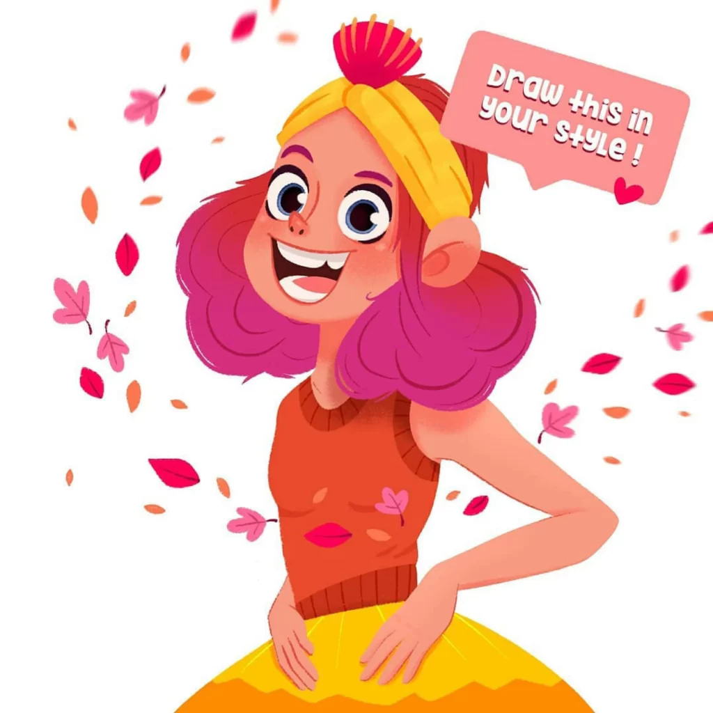 Character Illustration Colorful Hair Autumn Leaves Dress Joyful Expression Eleonore Pelluau