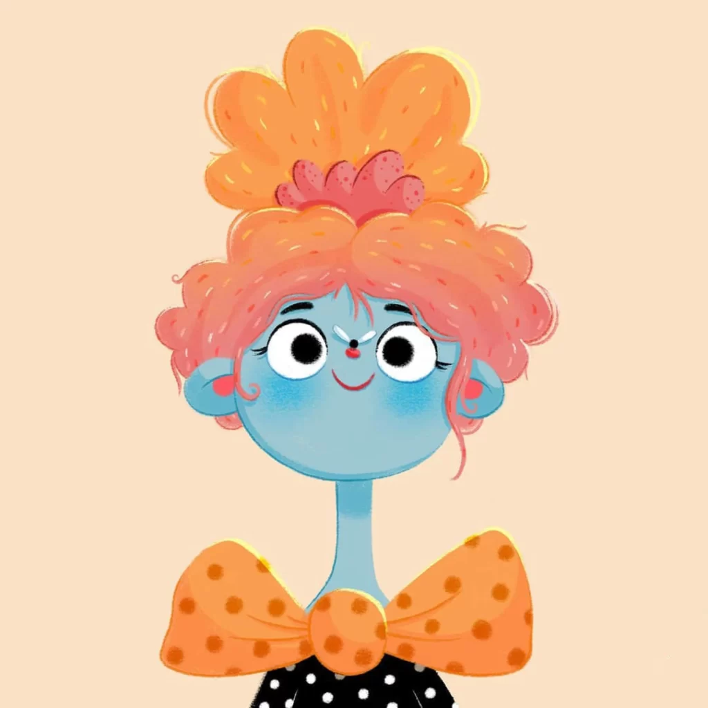 Character Illustration Colorful Hair Bow Tie Polka Dots Blue Skin Eleonore Pelluau