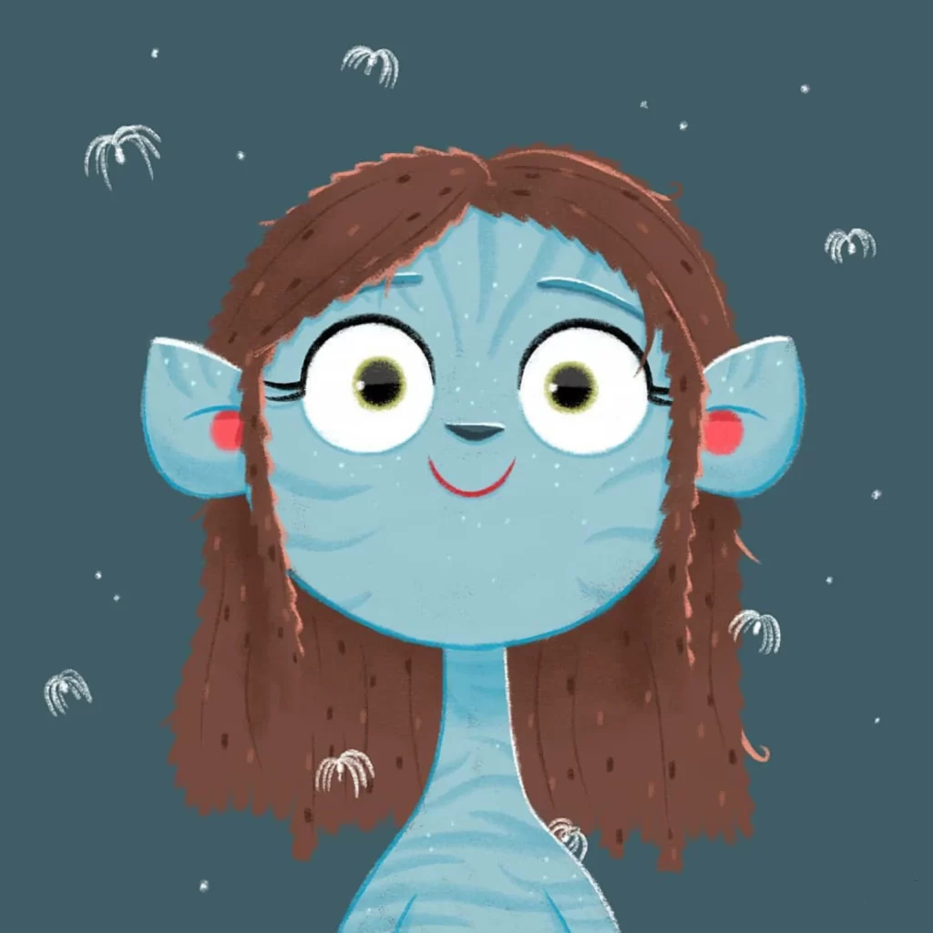 Character Illustration Fantasy Creature Blue Skin Brown Hair Big Eyes Eleonore Pelluau