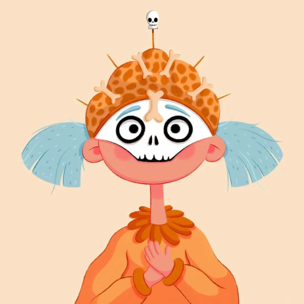 Character Illustration Skull Spiky Hat Blue Hair Orange Outfit Eleonore Pelluau