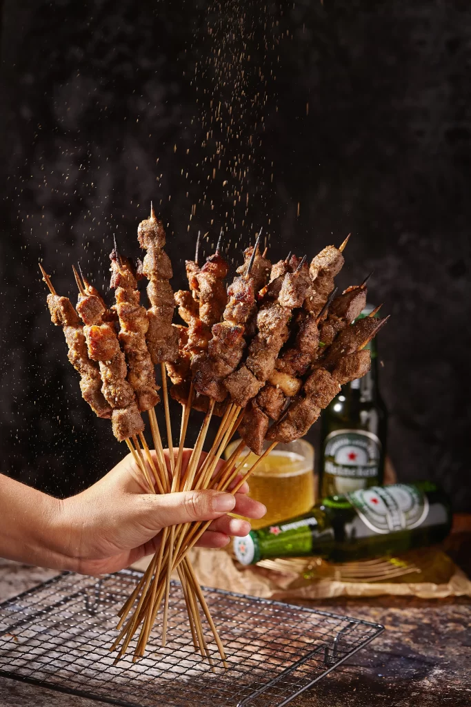 Charred Beef Skewers Cumin Spice Golden Crust Close Up