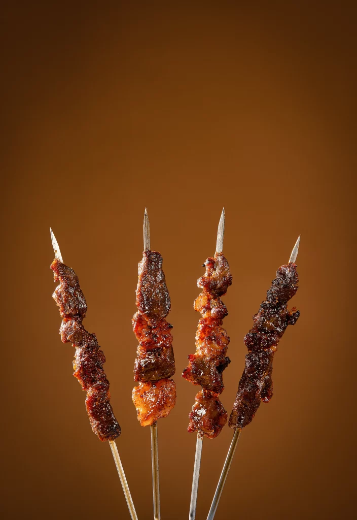 Charred Beef Skewers Golden Brown Crispy Texture