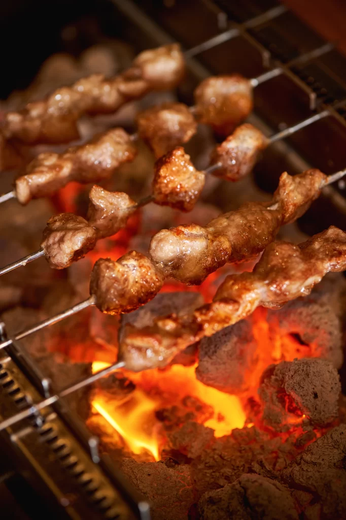 Charred Pork Skewers Golden Brown Crispy Charcoal Grill