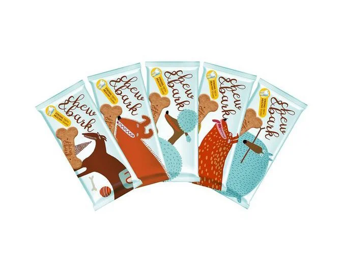 Chew Bark Dog Treats Brown Orange Blue White Yellow Illustration