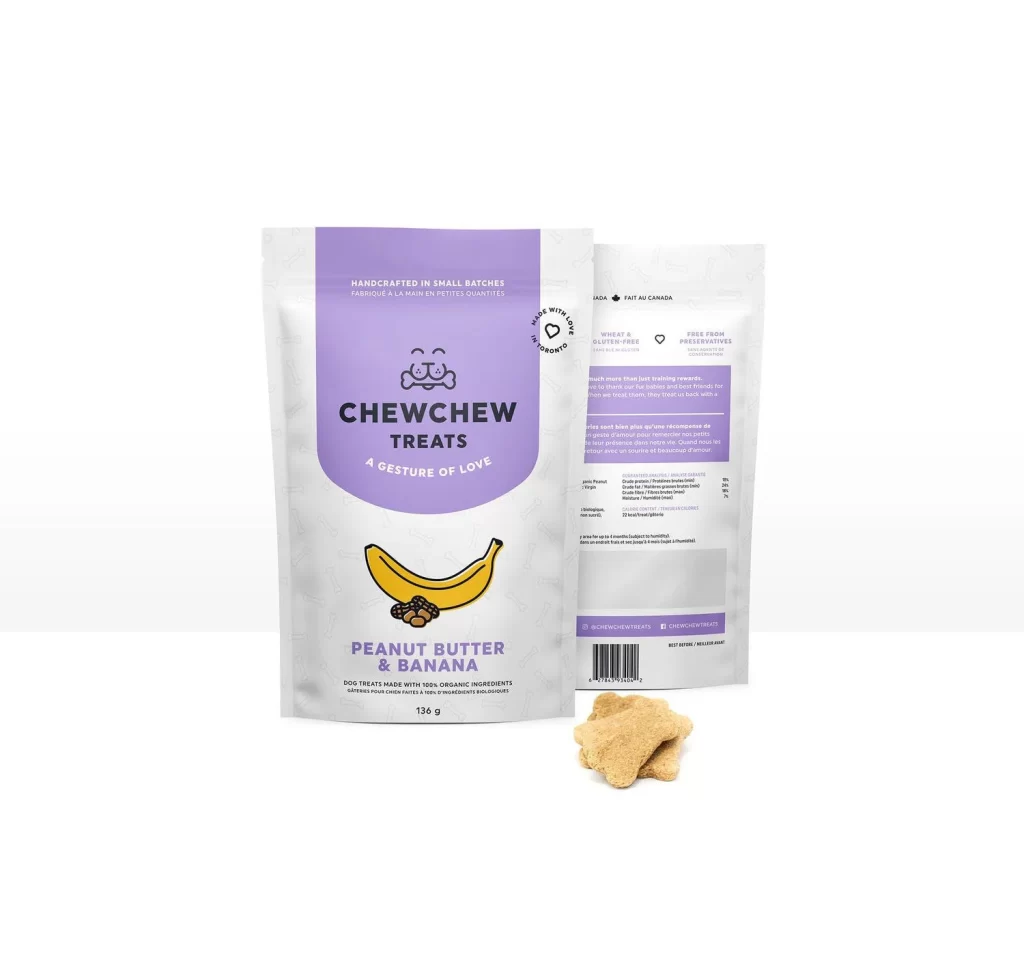 ChewChew Pet Treats Peanut Butter Banana Purple White Illustration