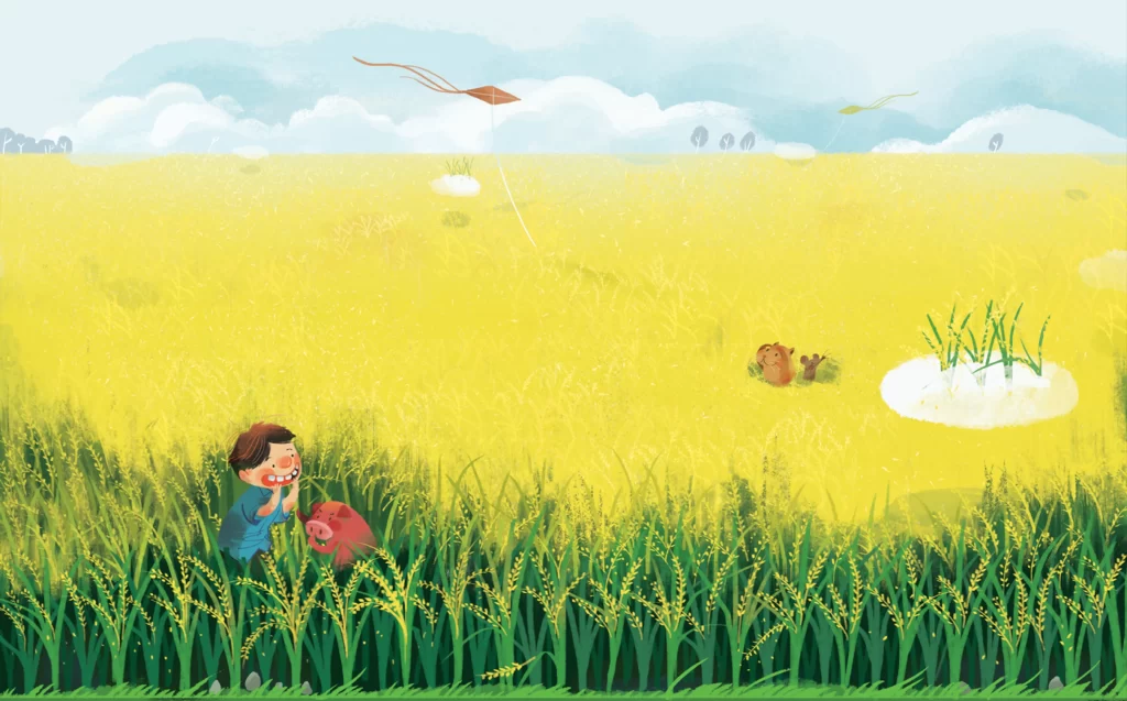 Child Field Kite Animals Clouds