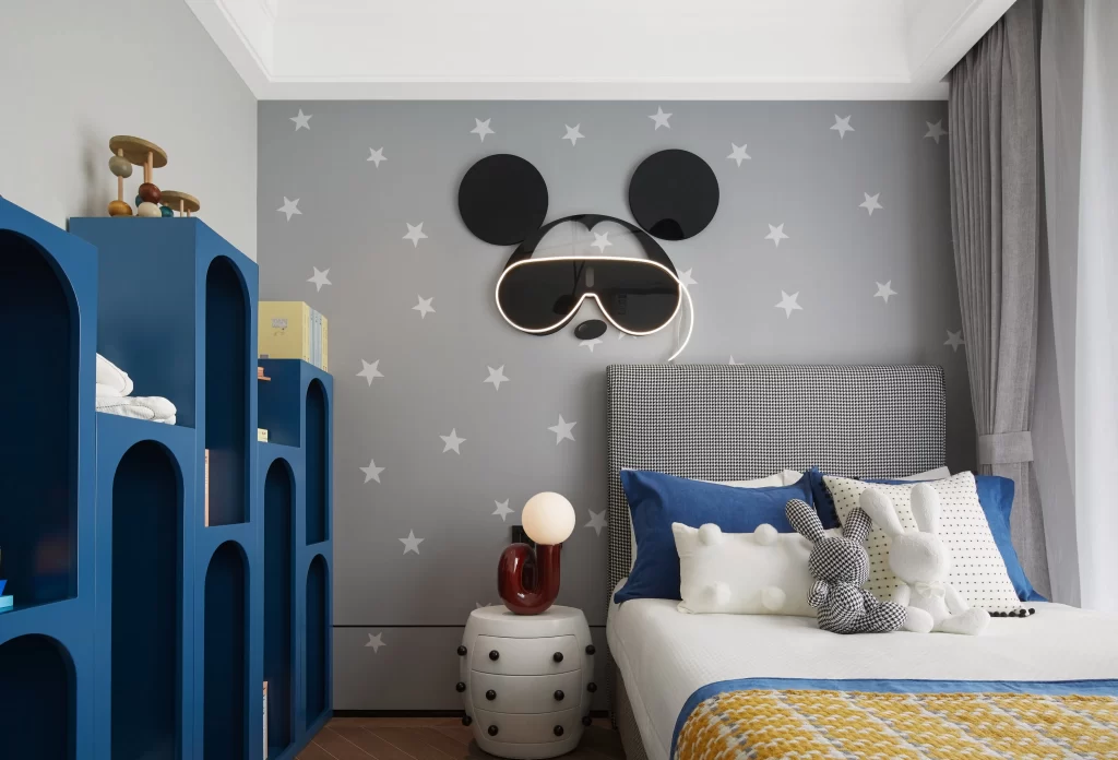 Child’s Bedroom Playful Blue White Stars Mickey Mouse