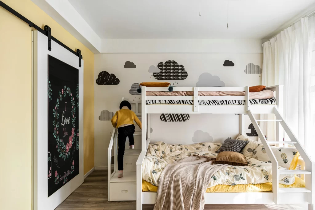 Children’s Bedroom Bunk Beds Pastel Colors Clouds Chalkboard Sliding Door