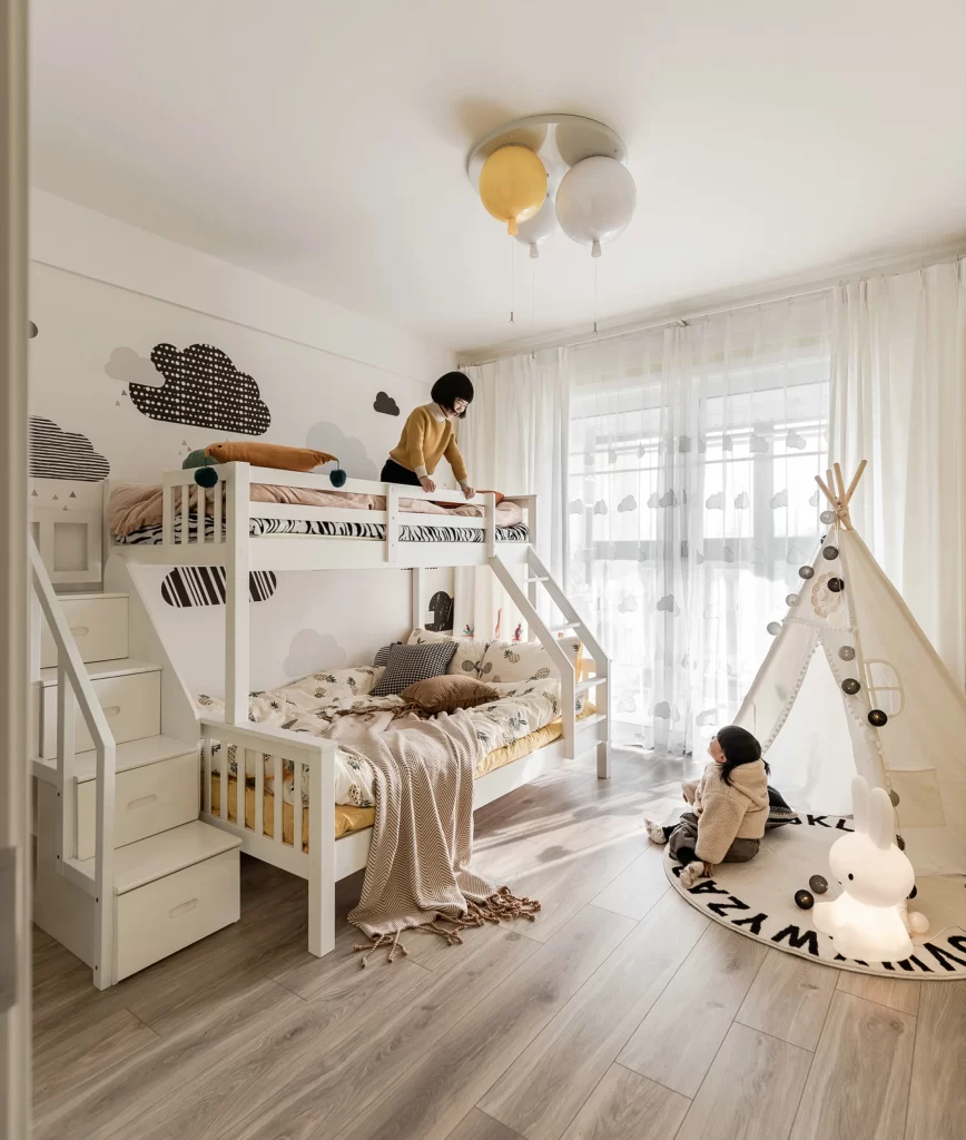 Children’s Bedroom Bunk Beds White Colorful Decorations Wooden Floor