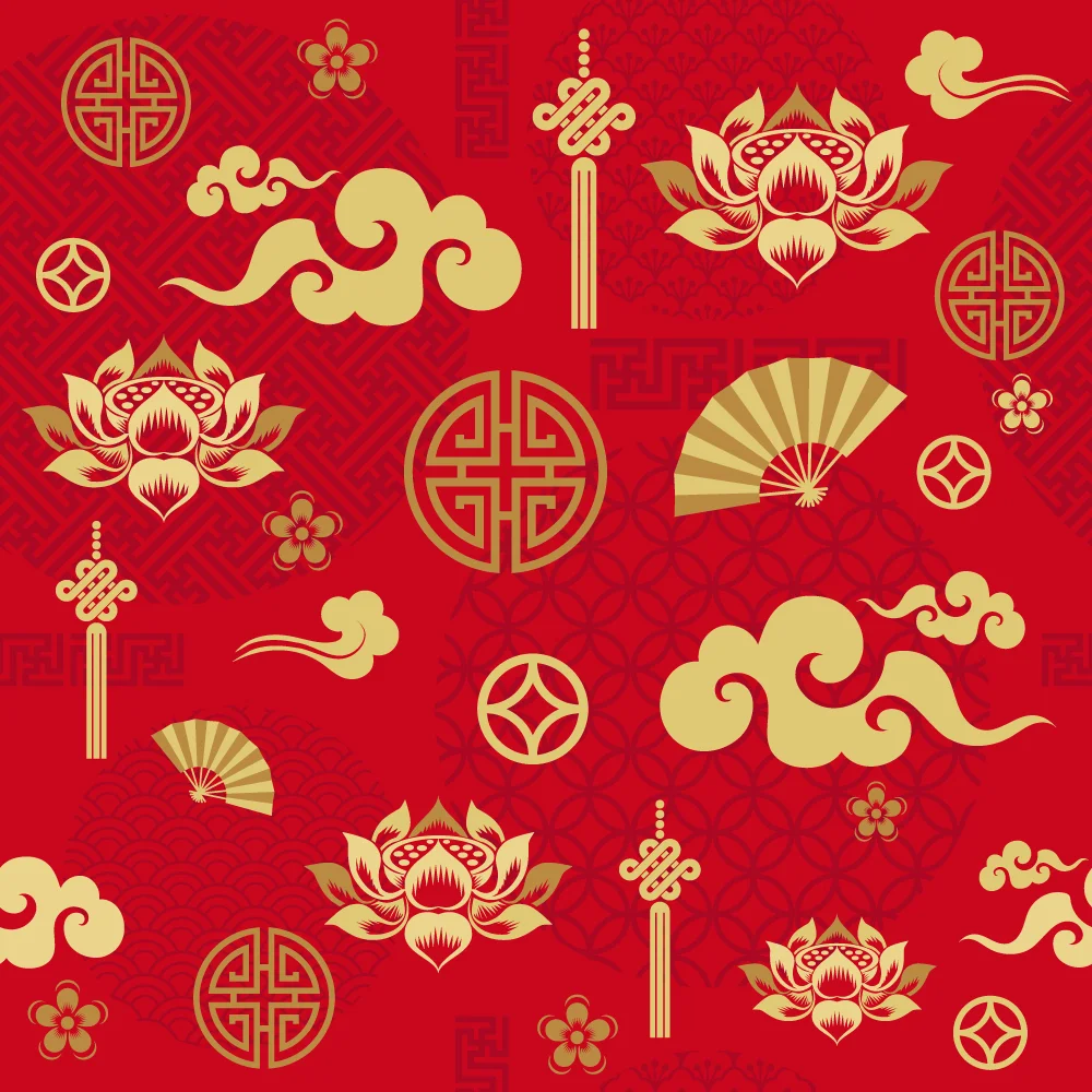 Chinese Auspicious Motifs Cloud Lotus Fan Endless Knot