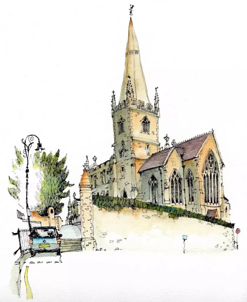 Church Architecture Gothic Spire Watercolor