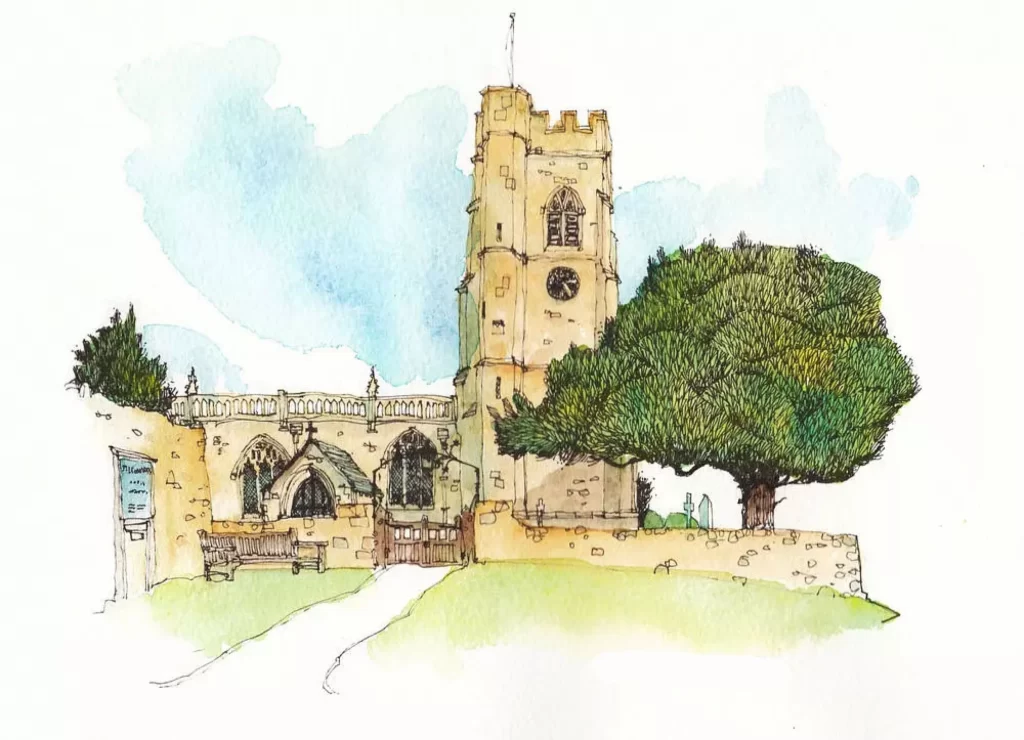 Church Tower Gothic Architecture Watercolor Art