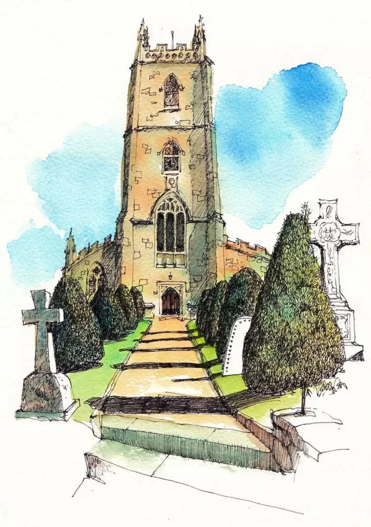 Church Tower Pathway Crosses Cemetery