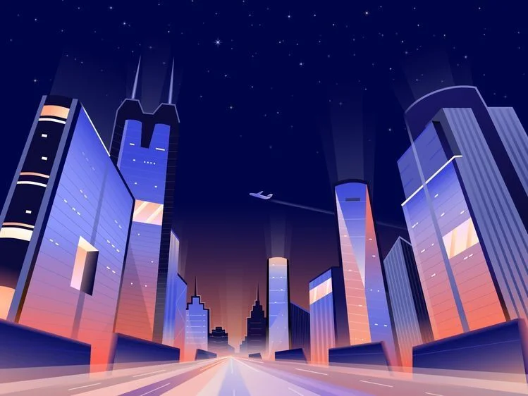Cityscape Night Skyline Buildings Lights Plane