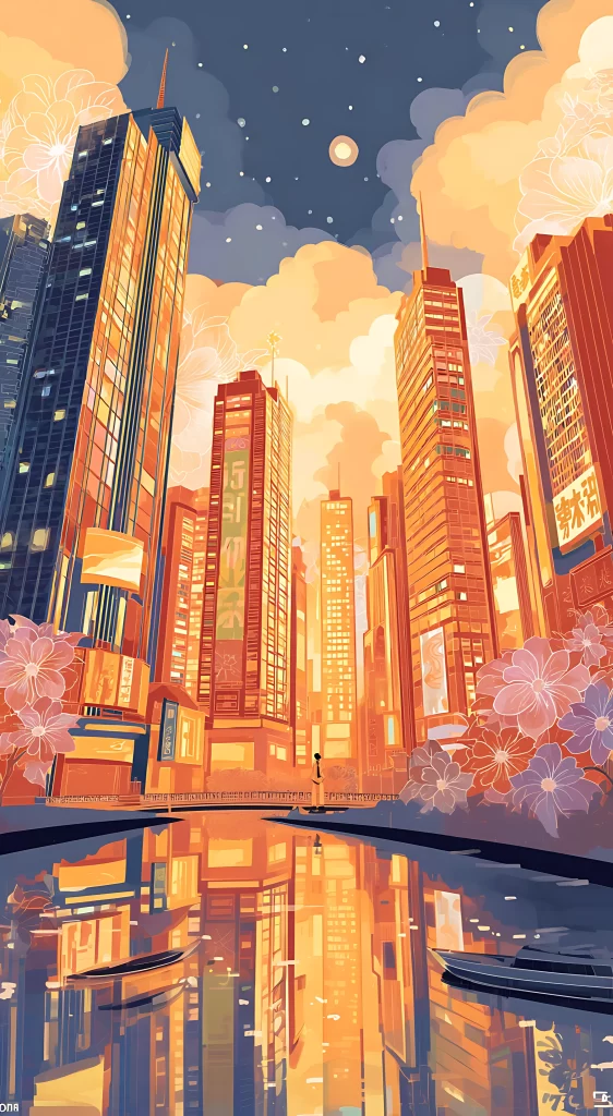 Cityscape Skyscrapers Reflection Sunset Water